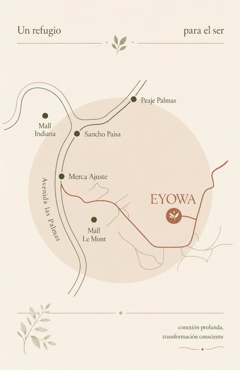 Mapa ilustrado de la zona de Las Palmas con la ubicación de EYOWA sobre la Avenida Las Palmas, cerca del Peaje Palmas, Sancho Paisa, Merca Ajuste, Mall Indiana y Mall Le Mont